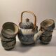 Korean Stoneware Tea Service. 6 Cups and 1 Teapot. Blue Decor