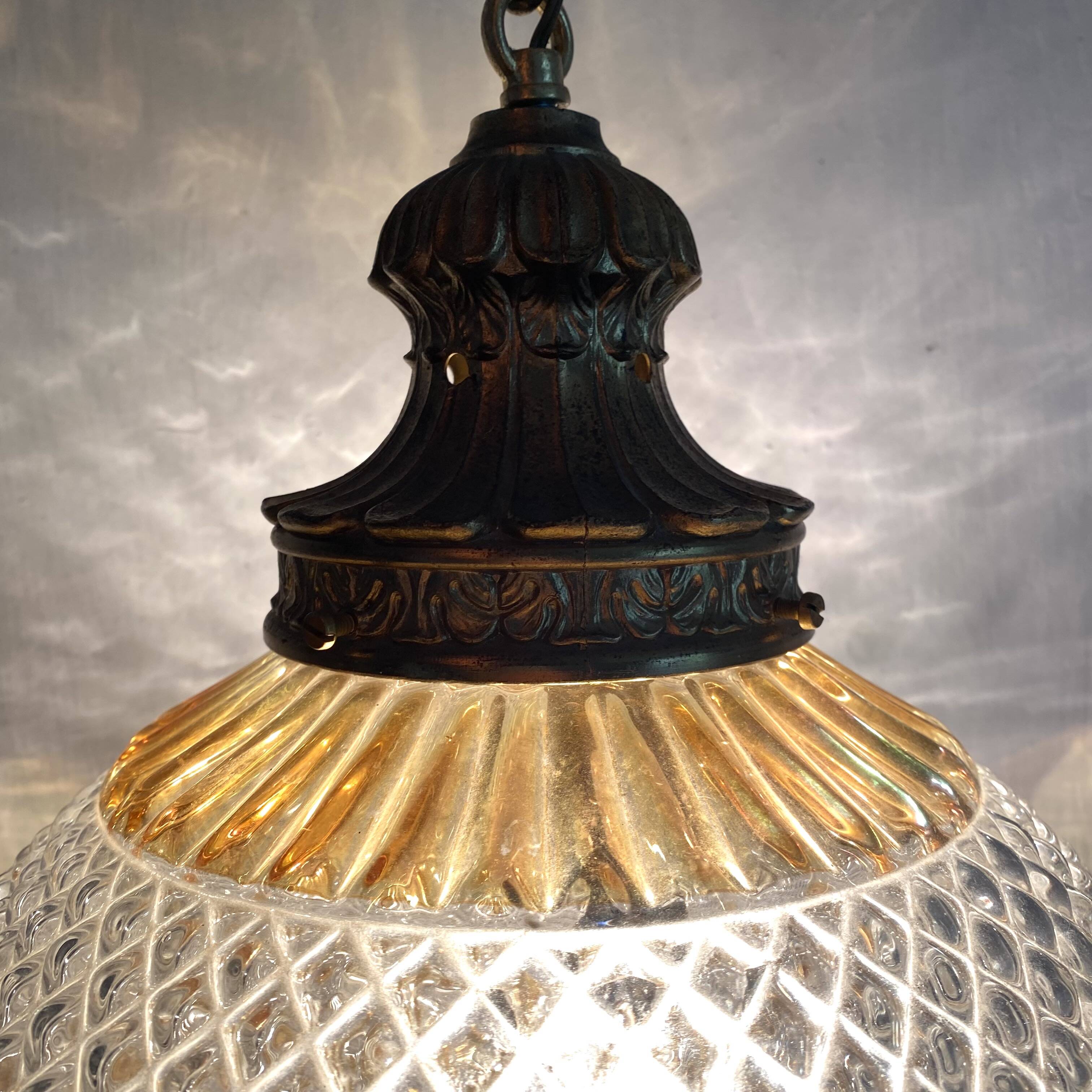 Large two-tone pressed glass ball pendant light