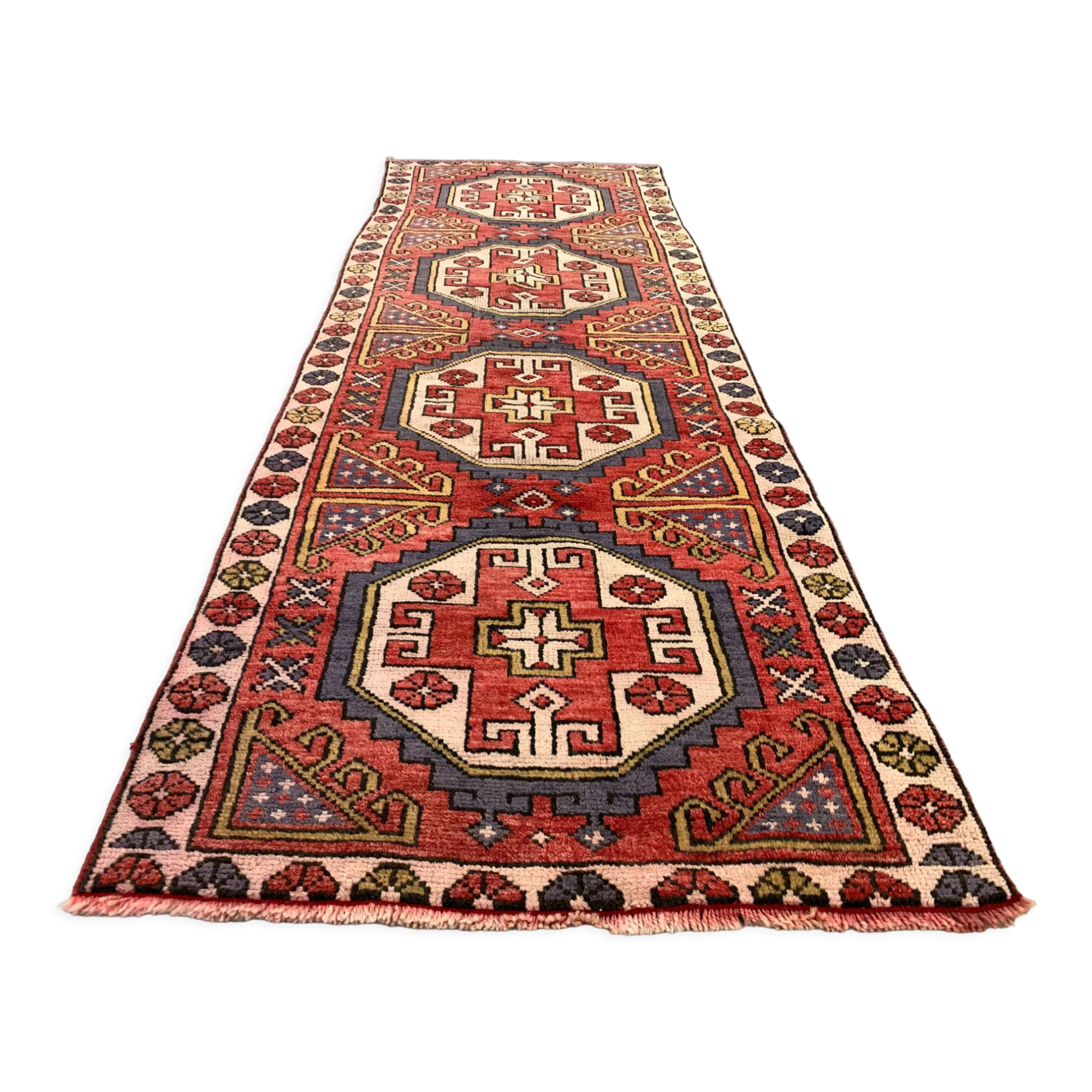 Vintage turkish runner 235x80 cm kazak rug, terracotta red, beige blue