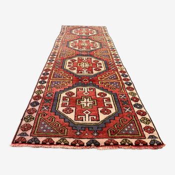 Vintage turkish runner 235x80 cm kazak rug, terracotta red, beige blue