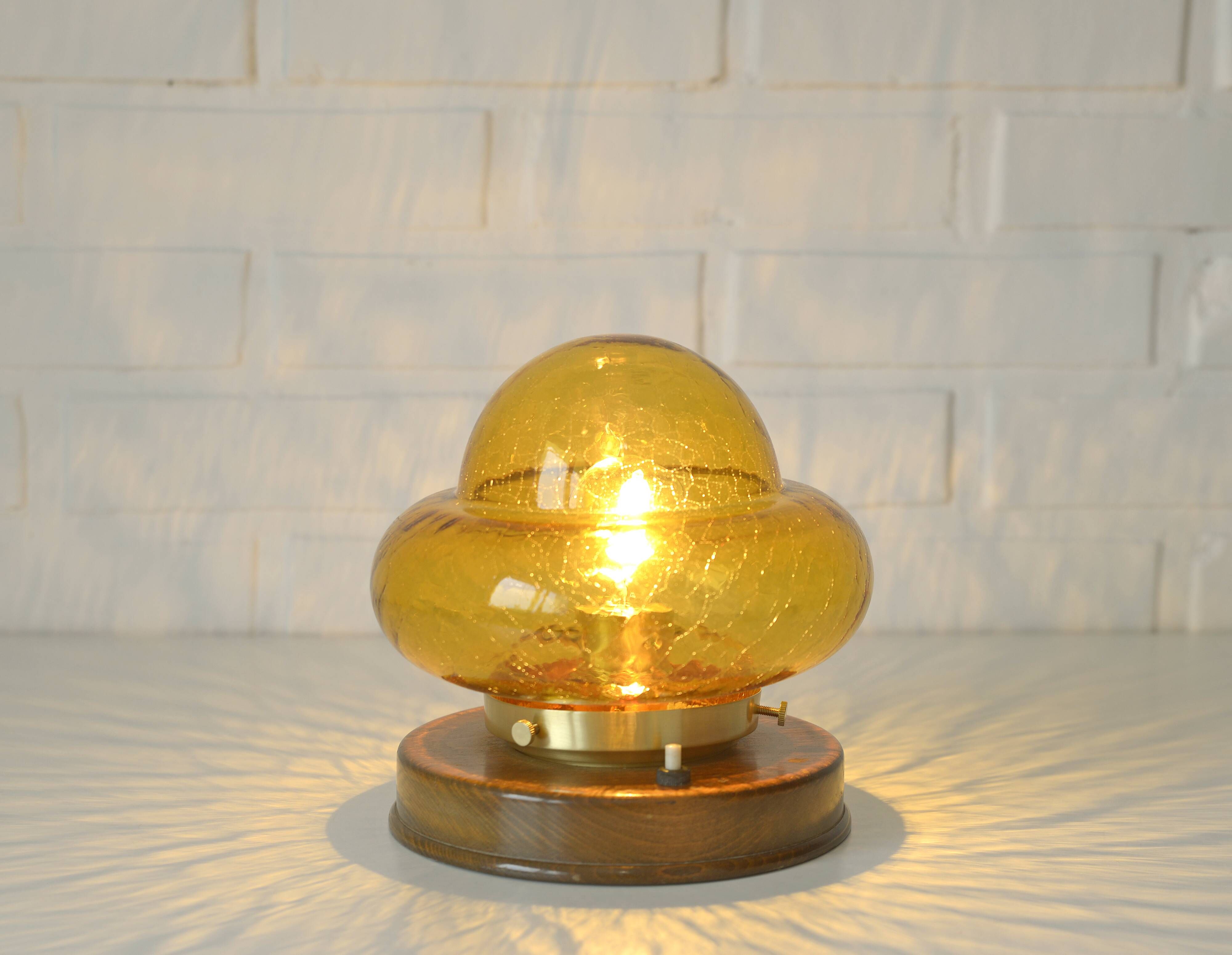 Vintage table lamp rustic desk light amber glass mushroom lamp 1970