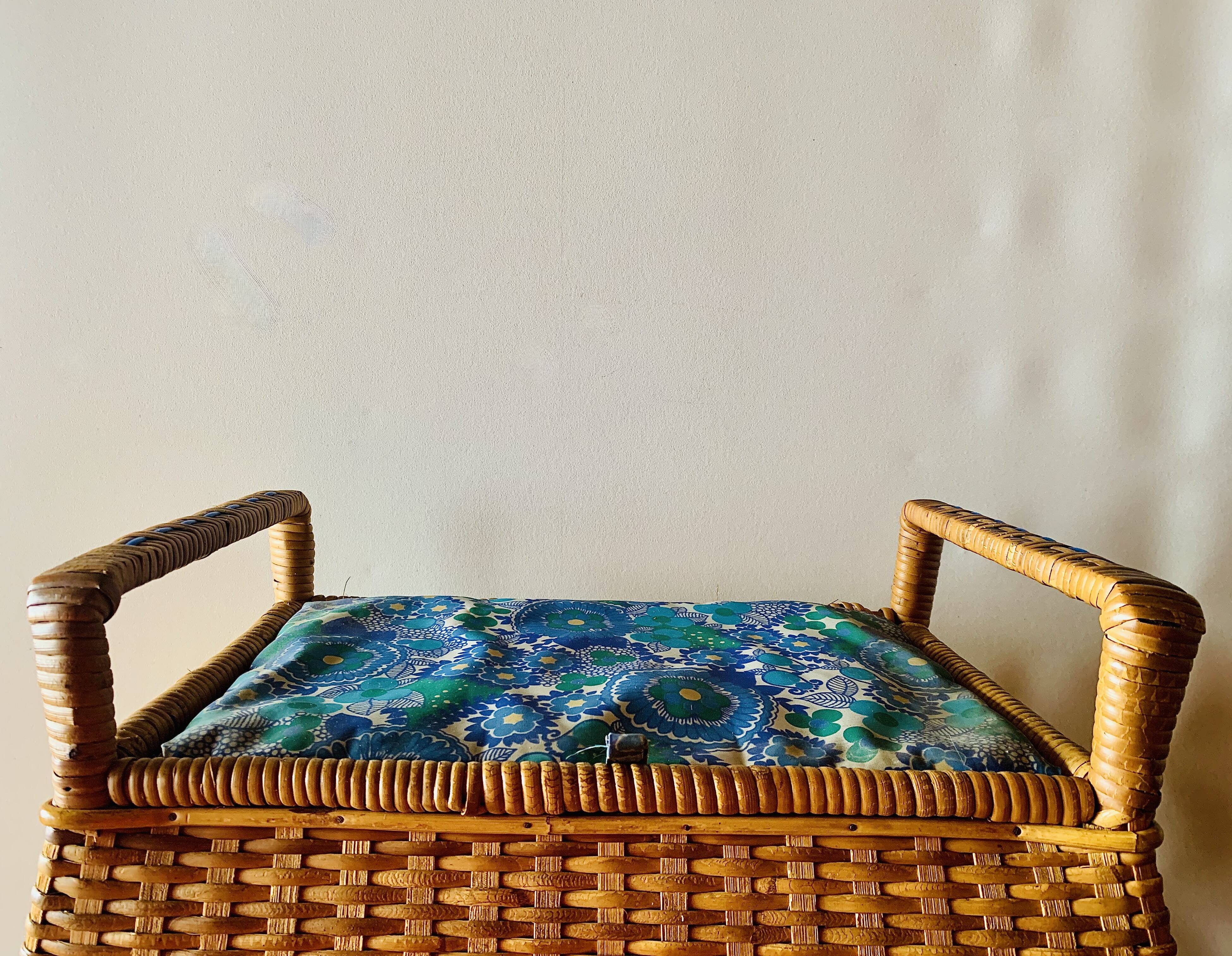 Large vintage rattan and wicker sewing basket with fabric seat