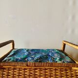 Large vintage rattan and wicker sewing basket with fabric seat