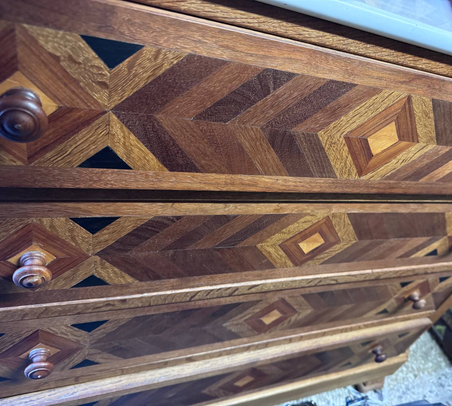 Antique inlaid chest of drawers, marble top