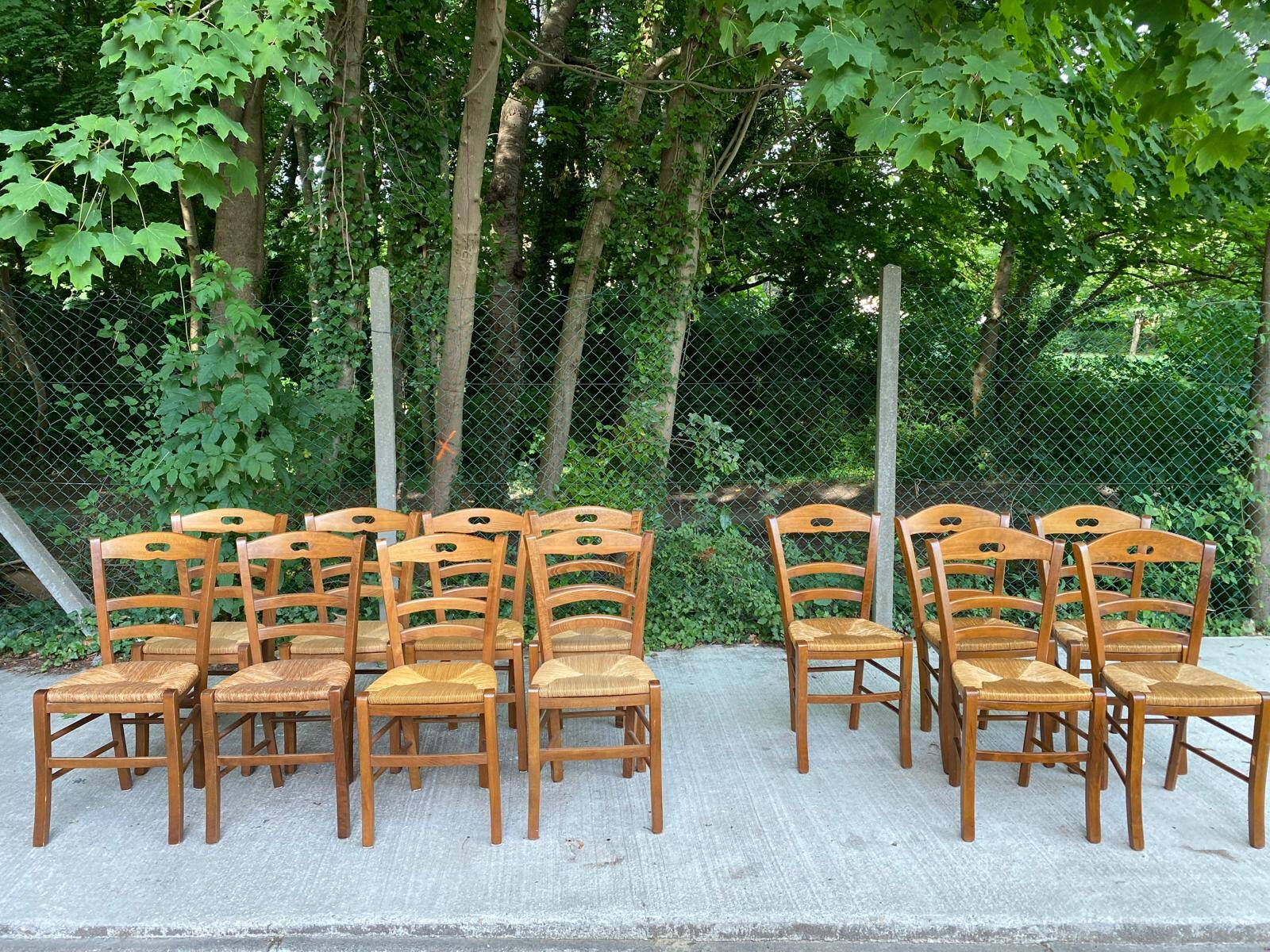 12 solid wood and straw chairs