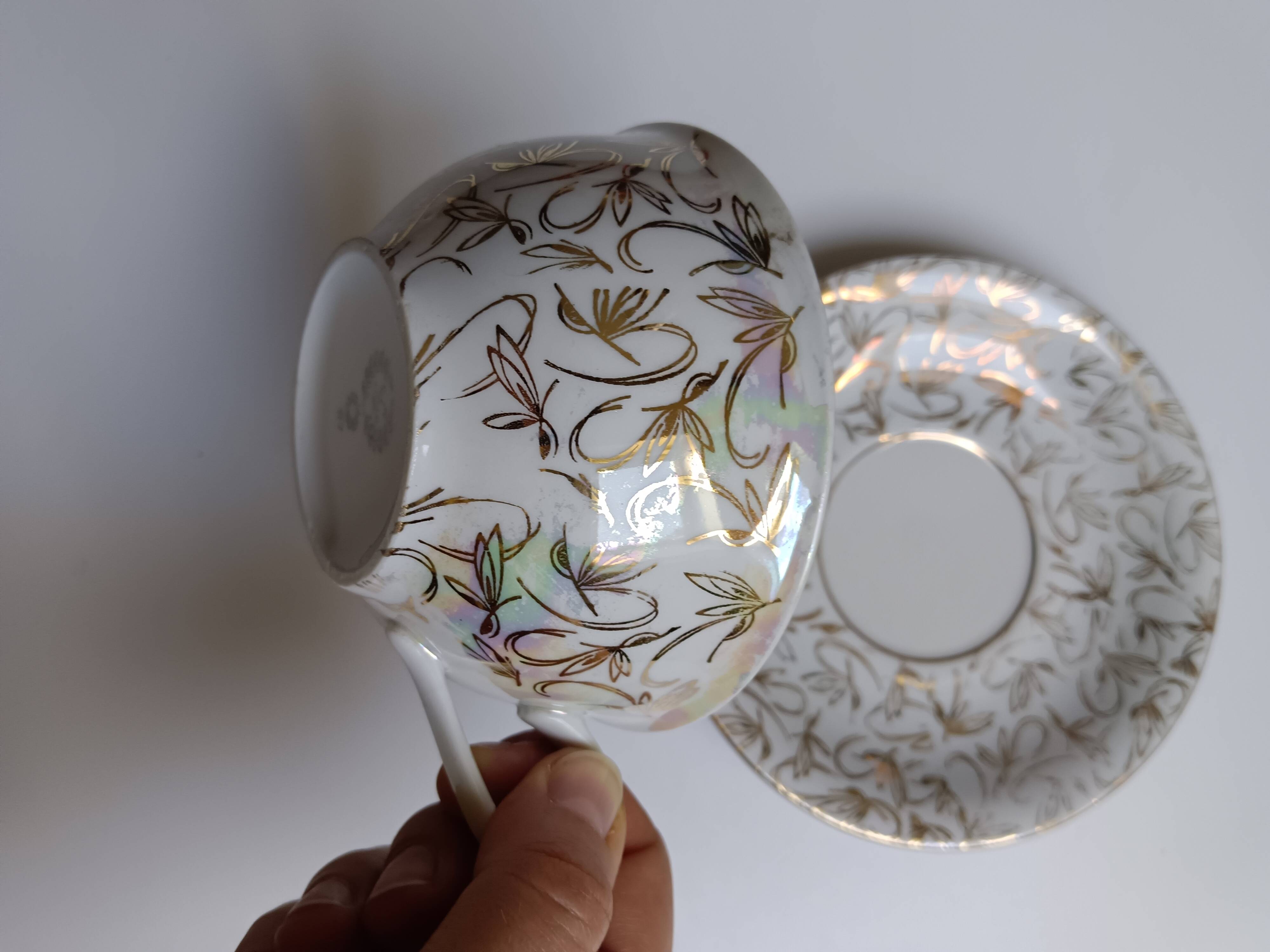 Large porcelain cup from Bavaria with a pearlescent finish and rose decorations.