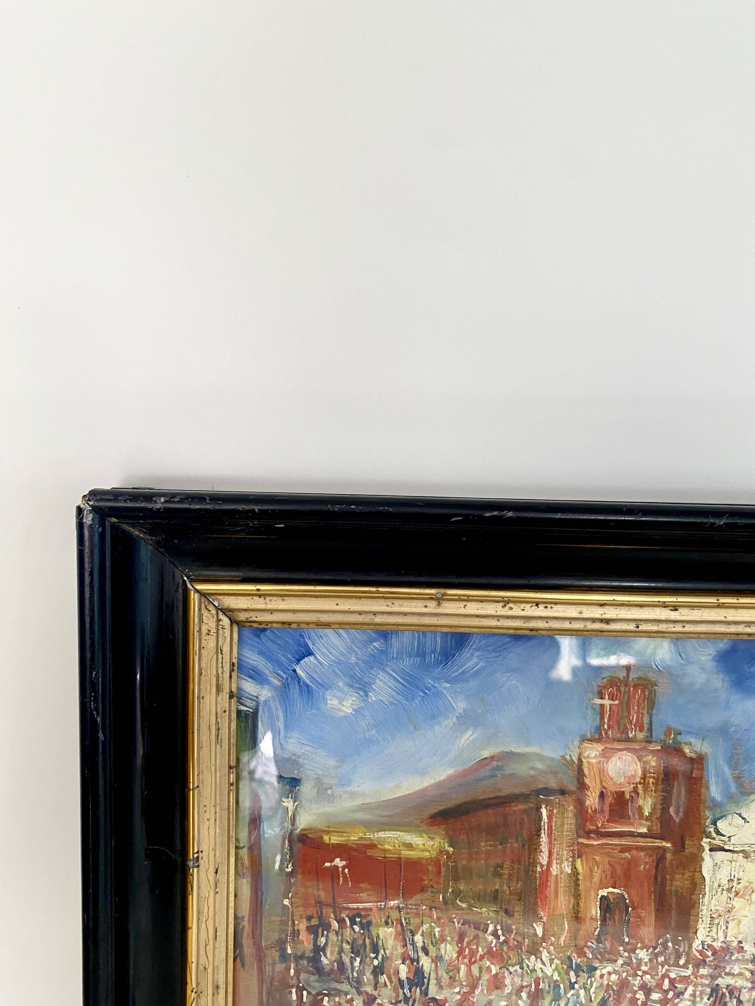 Oil painting "Sicilian Feast" in glass, 19th-century wooden frame.