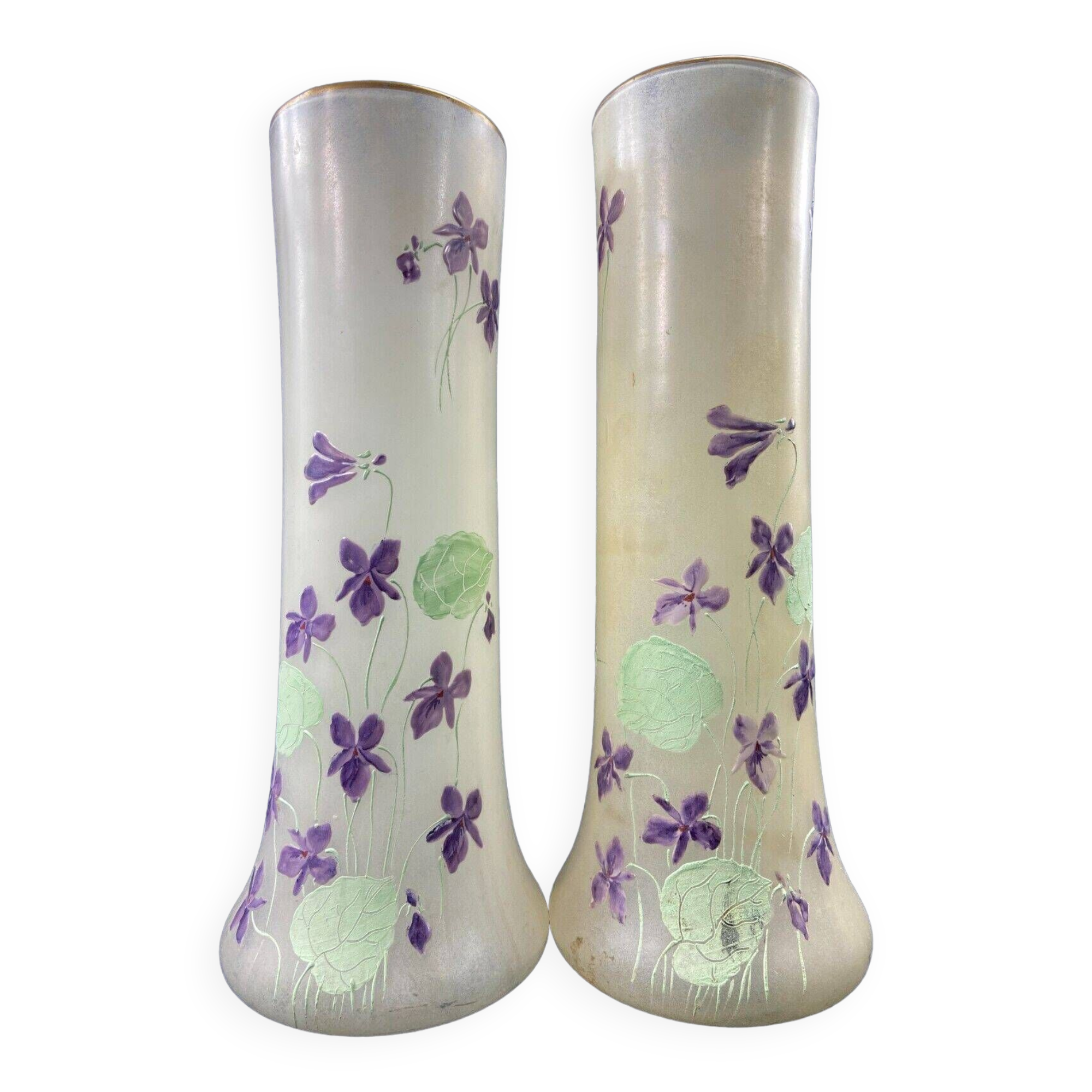 Large pair of glass vases with enameled floral decoration from the early 20th century LEGRAS