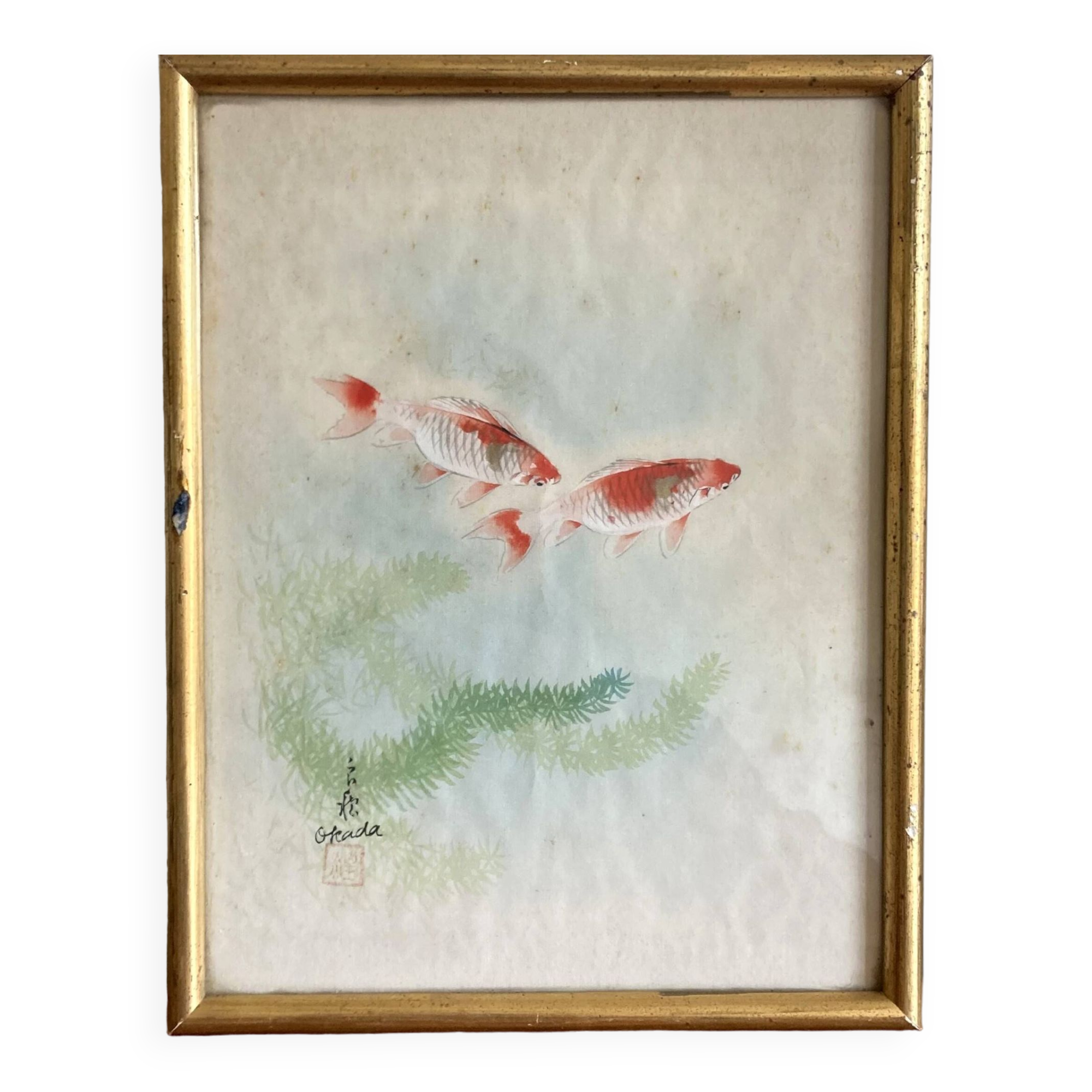 Small Japanese painting goldfish Okada vintage old watercolor
