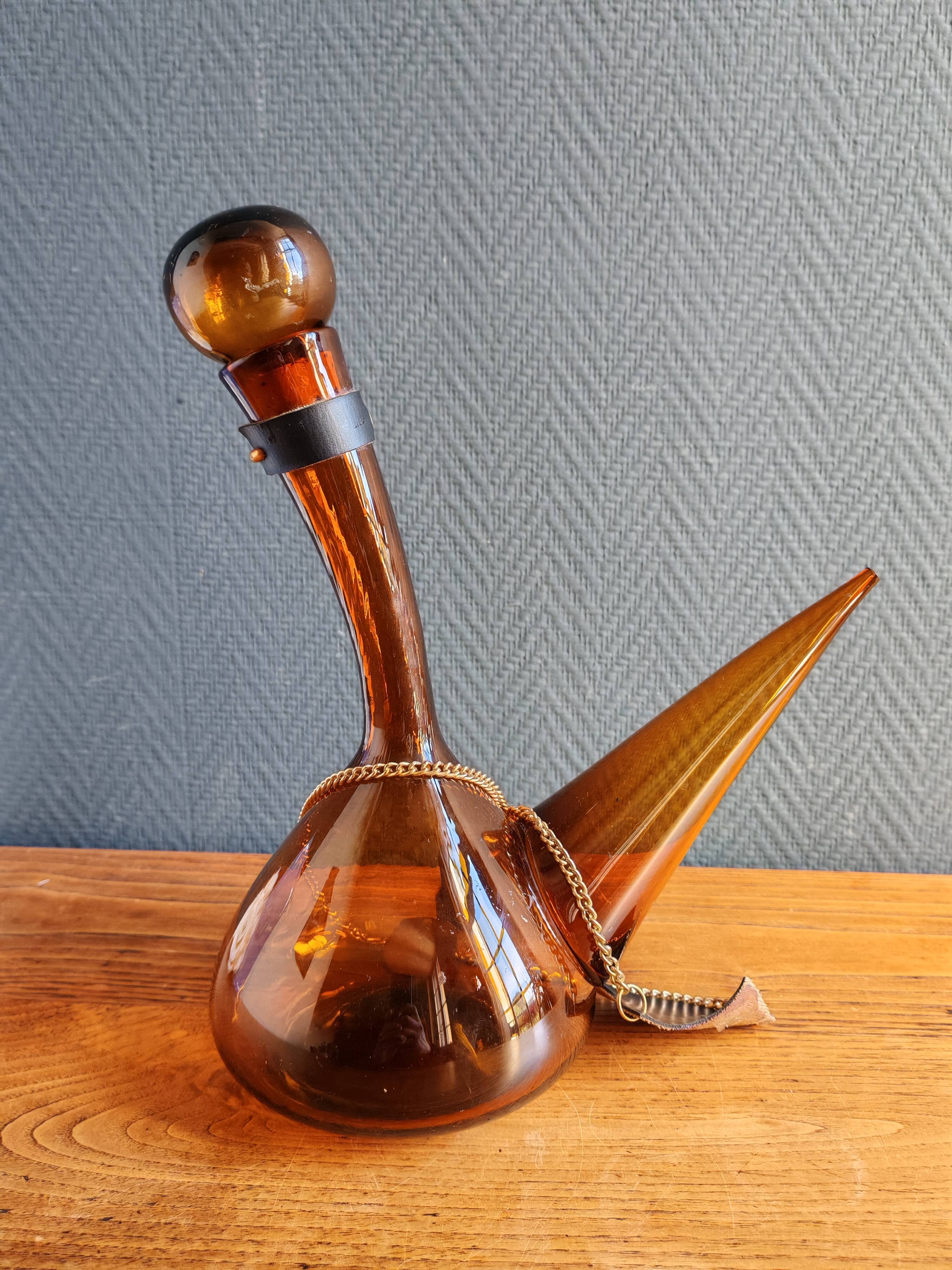 Vintage Amber Glass Wine Carafe - Artisan Decanter in Porron Style