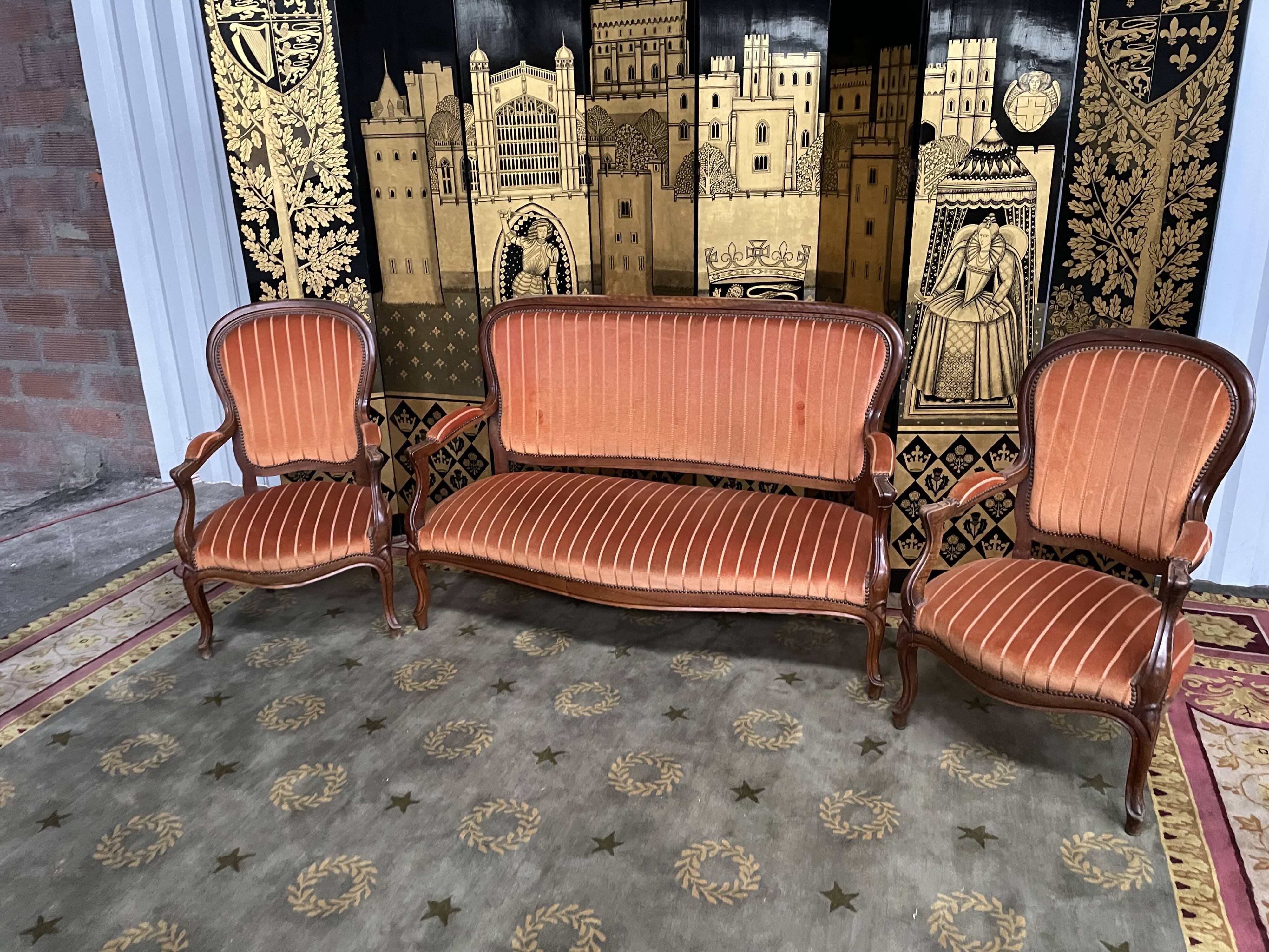 Salon complet Louis Philippe banquette et paire de fauteuils