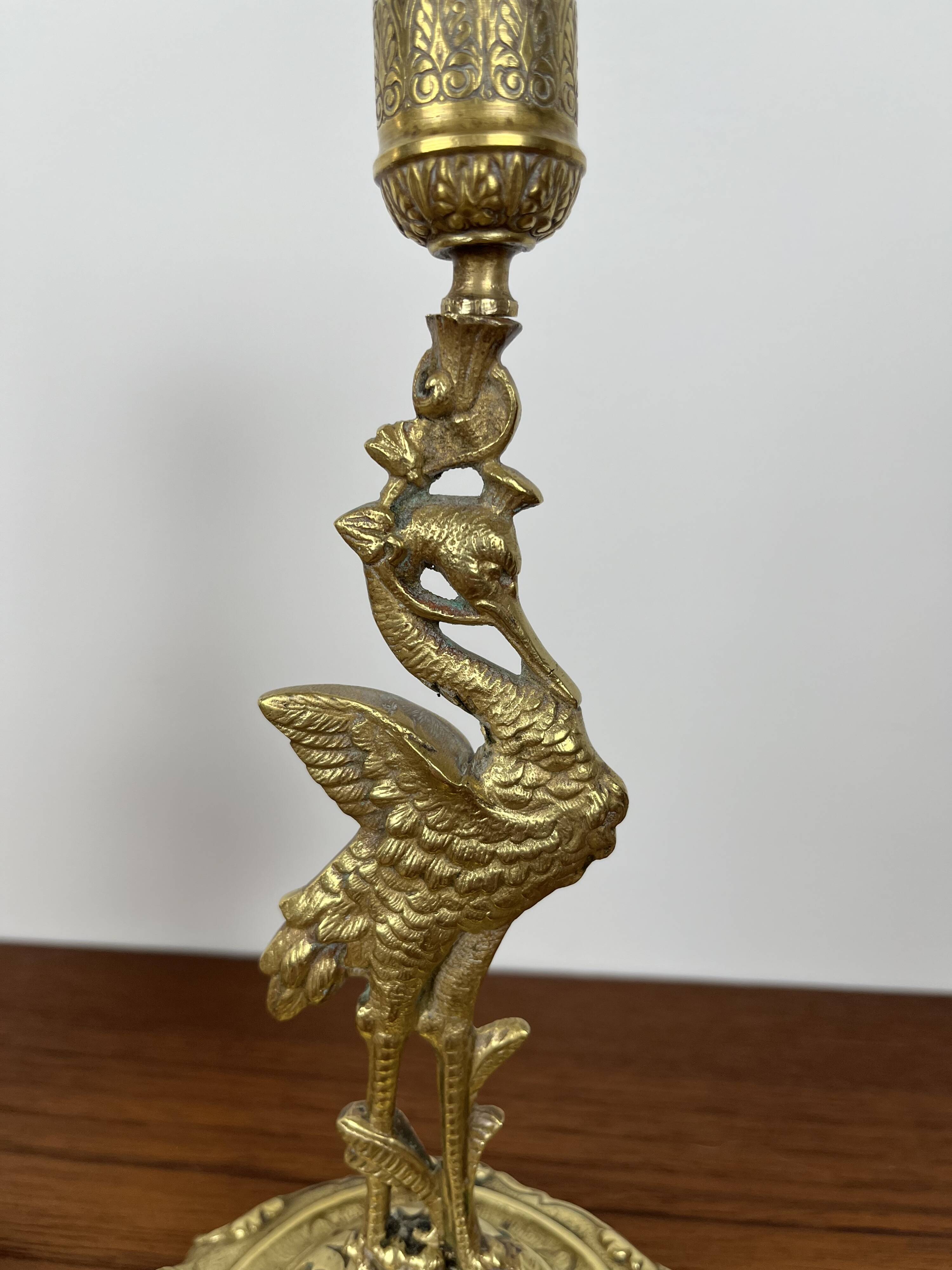 Pair of antique heron candlesticks in gilded brass – Orientalist Art Deco style