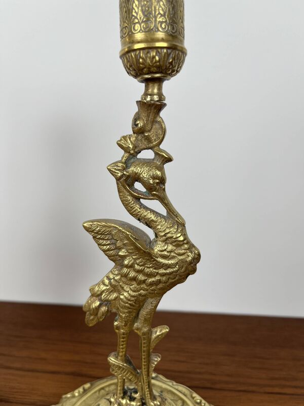Paire de bougeoirs anciens héron laiton doré – style orientaliste Art déco