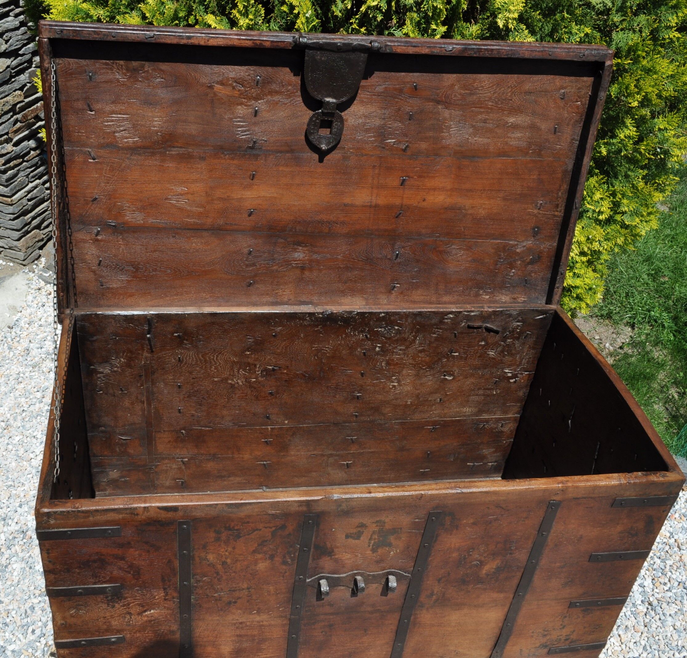 Wooden chest on wheels & wrought iron fittings - nineteenth century