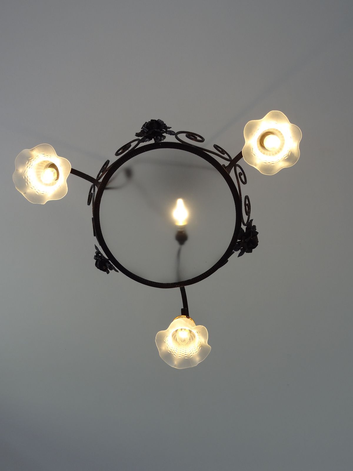 iron and opalin glass hanging lamp