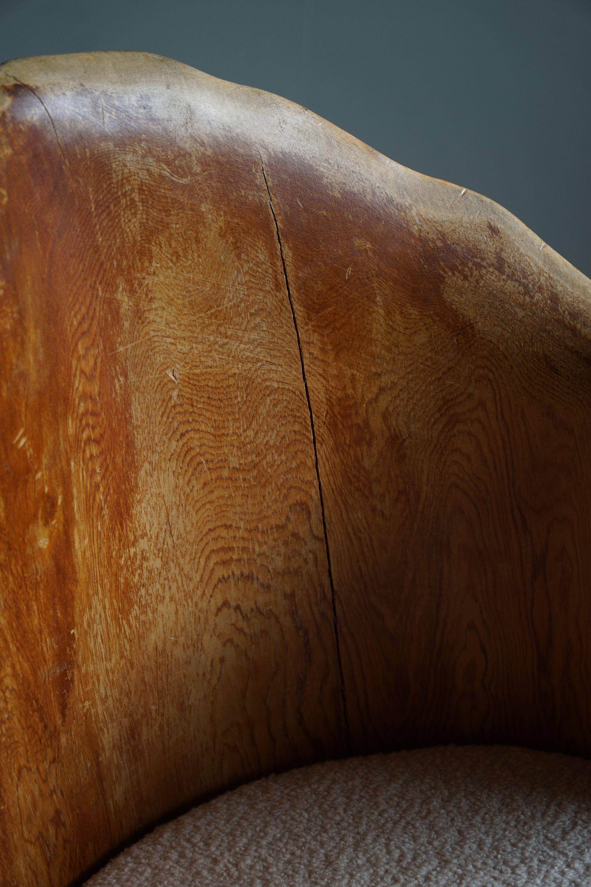 Sculptural brutalist armchair handcrafted in solid pine, Wabi Sabi style, Sweden, 1970s.