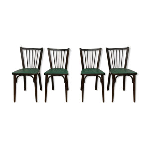 Série de 4 chaises baumann bistrot troquet parisien bois de hêtre et skaï vert