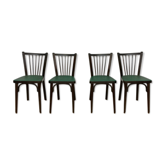 Série de 4 chaises baumann bistrot troquet parisien bois de hêtre et skaï vert