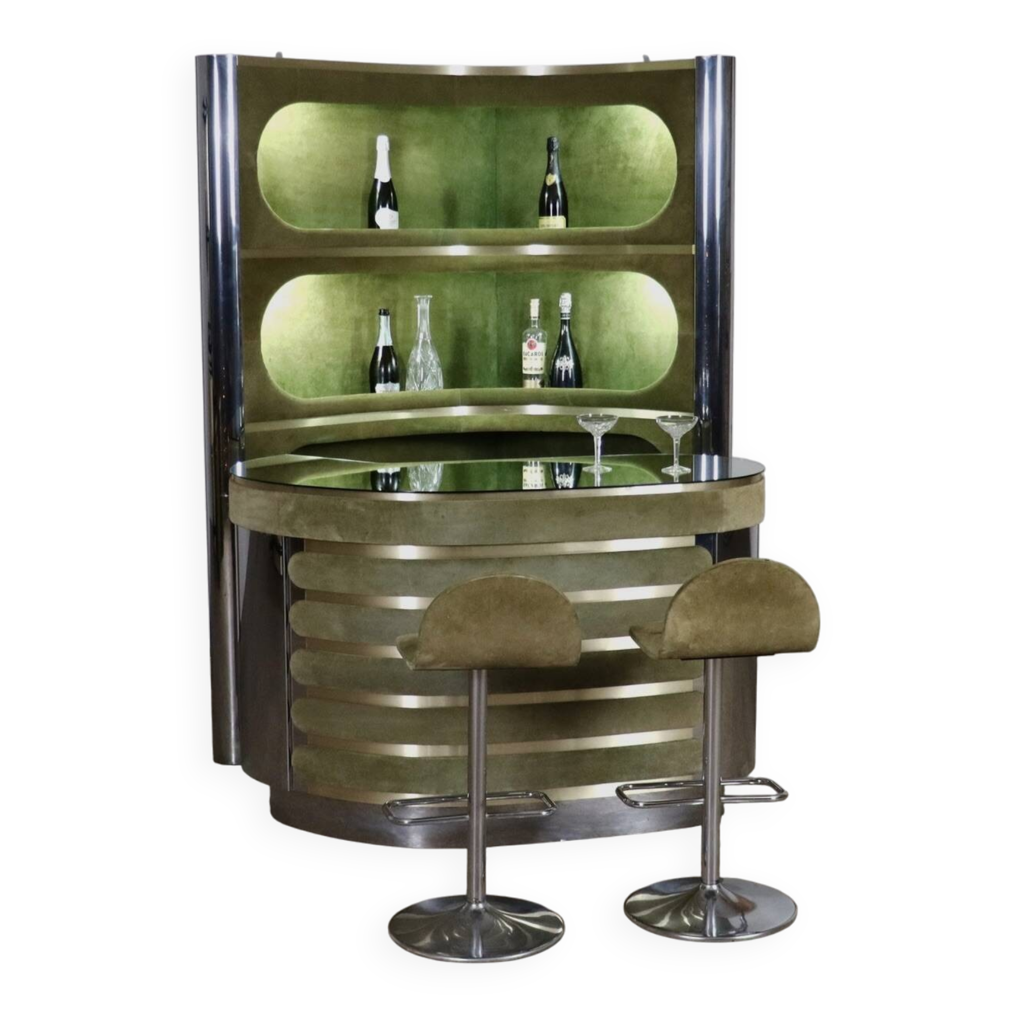 Suede and chrome dry bar with barstools in green by Willy Rizzo, Italy 1970s