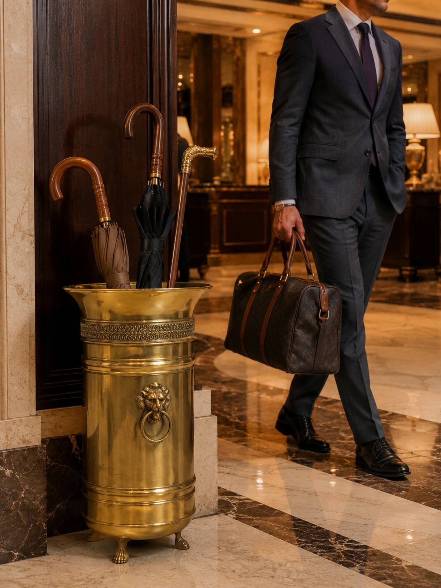 Hollywood Regency style umbrella stand, brass finish and lio pattern.
