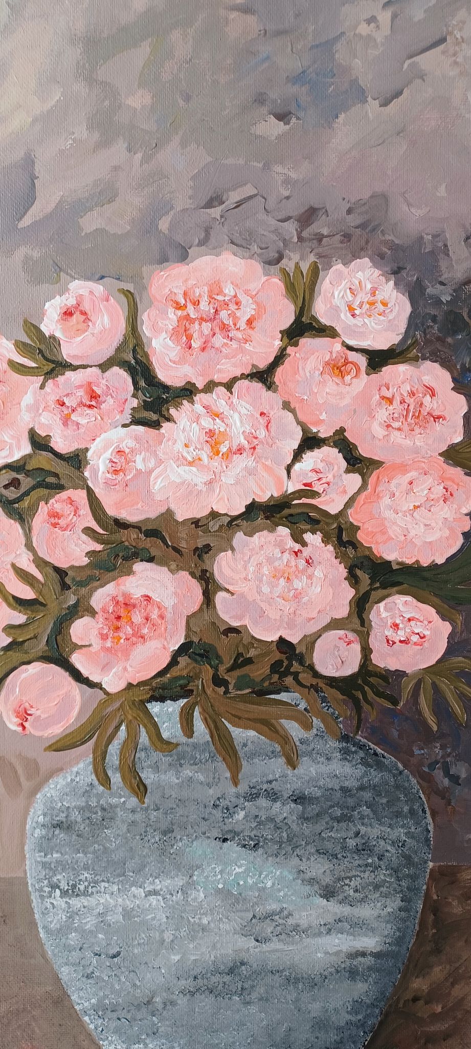Painting of a bunch of coral-colored peonies in a gray vase