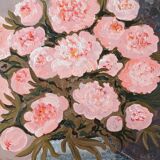 Painting of a bunch of coral-colored peonies in a gray vase