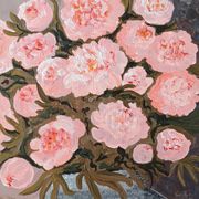 Painting of a bunch of coral-colored peonies in a gray vase