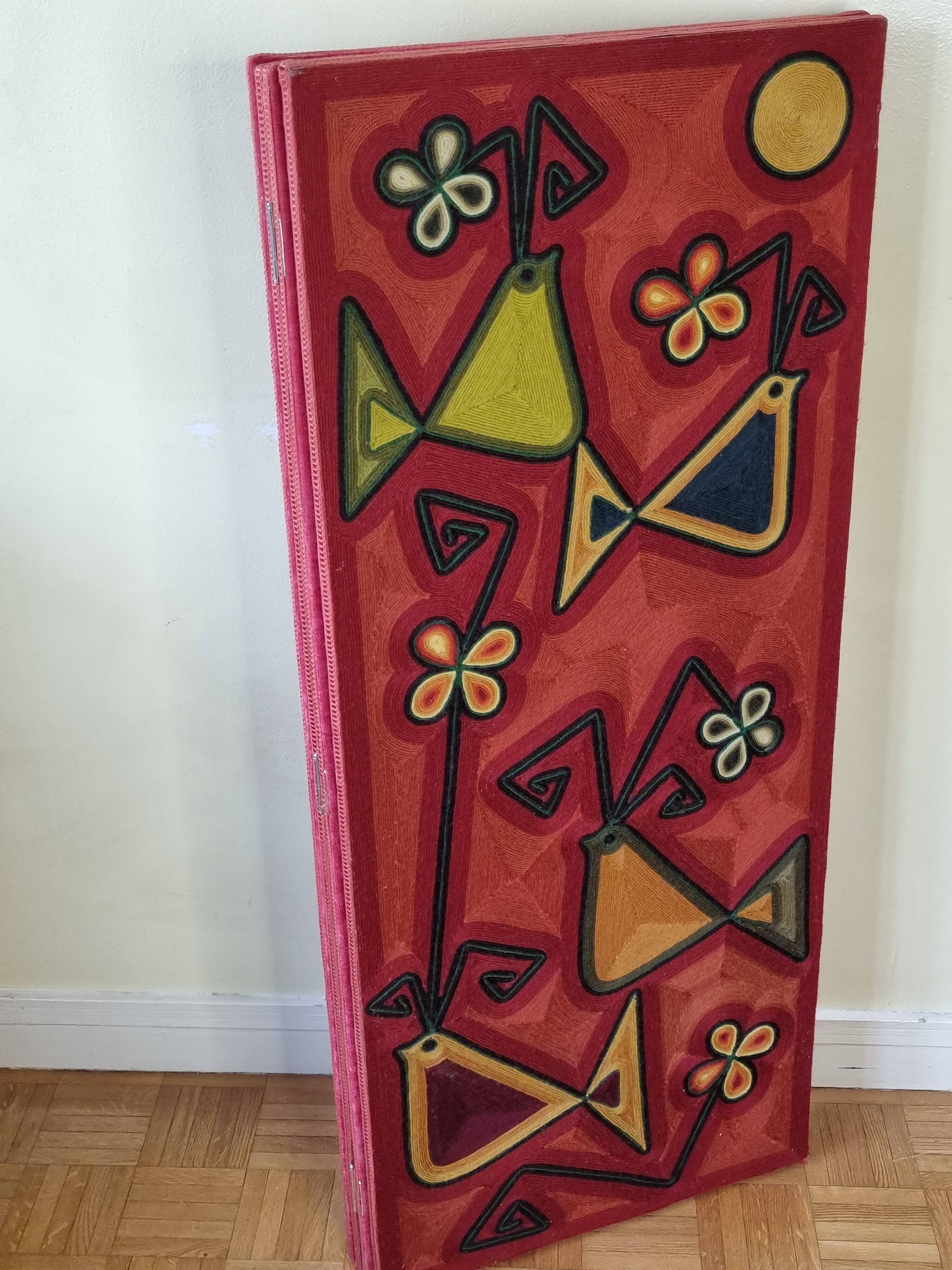 Screen decorated with wool threads, "Huichol" art, Sofia Ribeira, 120 cm