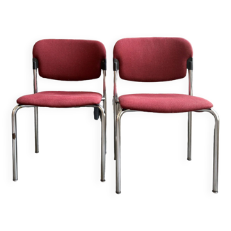 Pair of Knoll chairs in chrome metal tubular and burgundy fabric