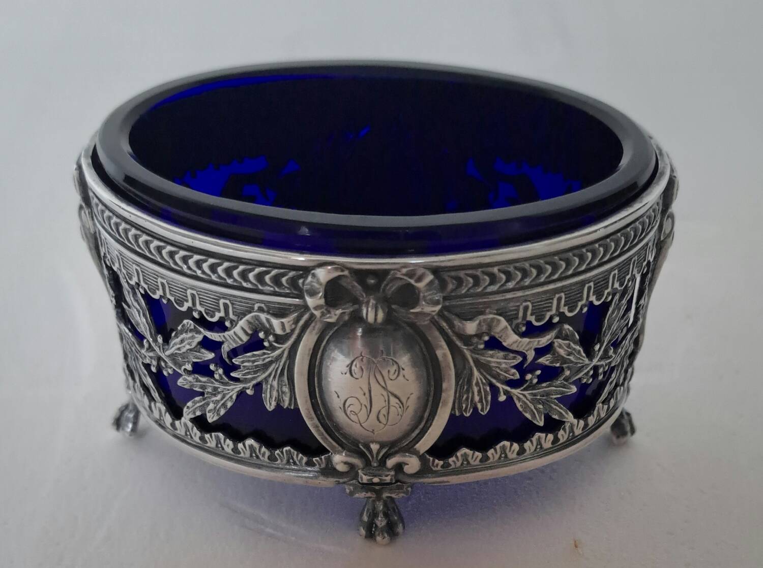 Louis XVI style salt cellar with silver collar mount and blue glass