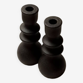 Black stoneware candle holders, set of two