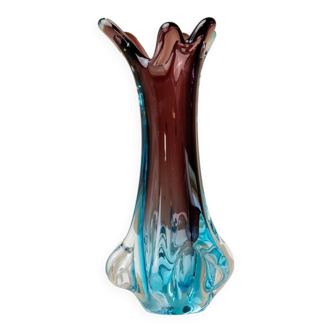 Fratelli Toso Murano Vase in Turquoise and Aubergine Glass XL Mid-Century Italian Art Vase, 1950s