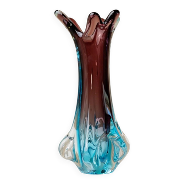 Vase Fratelli Toso Murano en verre turquoise et aubergine XL, vase d'art italien des années 1950.