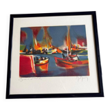 Signed lithograph by Marcel Mouly – Post-Cubist port scene