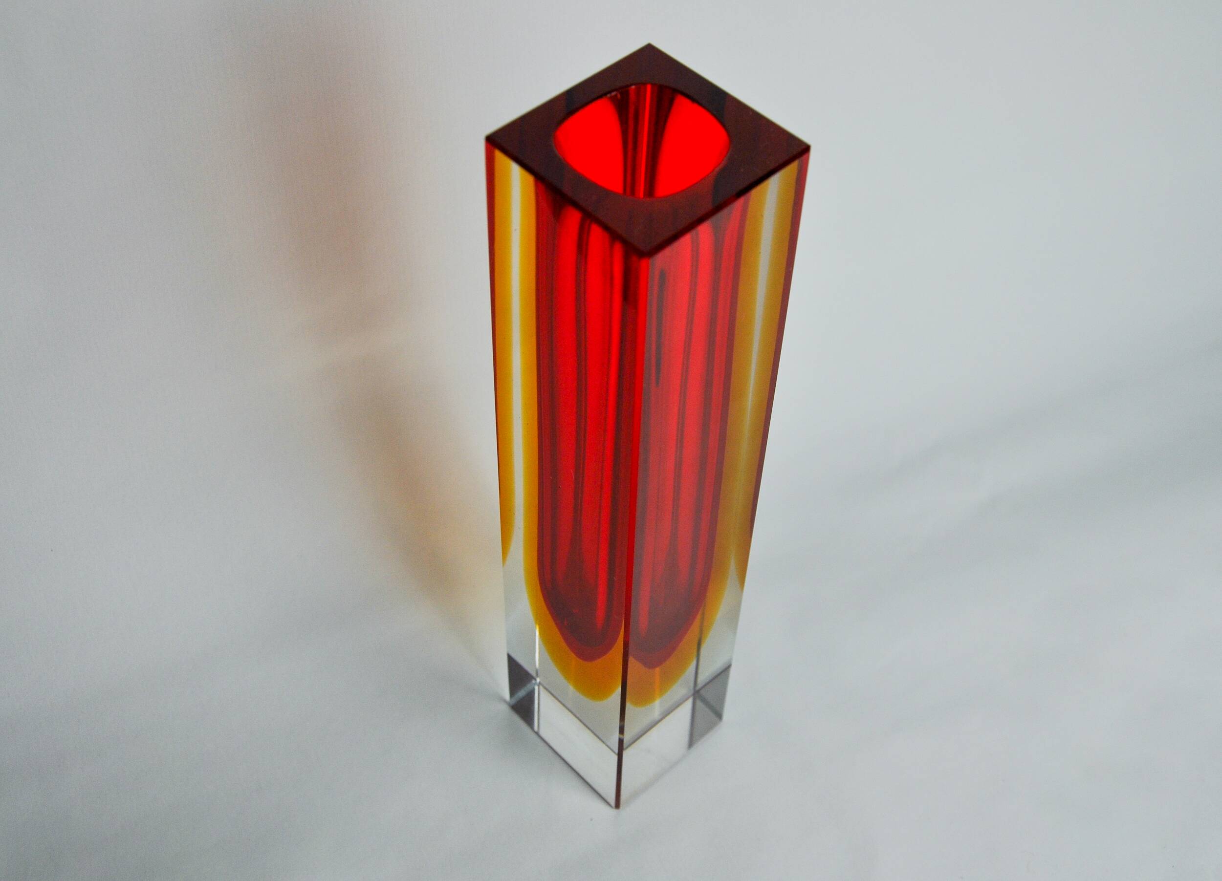 Red and yellow cubic Sommerso vase by Flavio Poli for Seguso, Murano, Italy, 1970