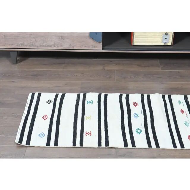 1970s Turkish Oushak Handmade Wool Cotton White Runner Rug 59x183