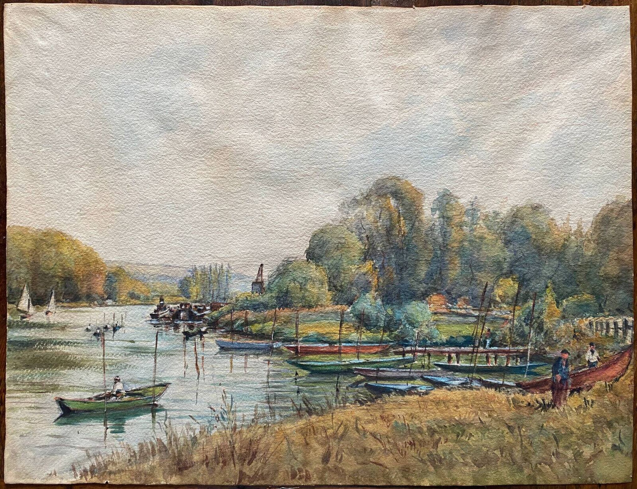 Large watercolor painting "Bords of the Yonne" with boats P. Guillon