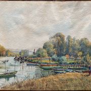 Large watercolor painting "Bords of the Yonne" with boats P. Guillon