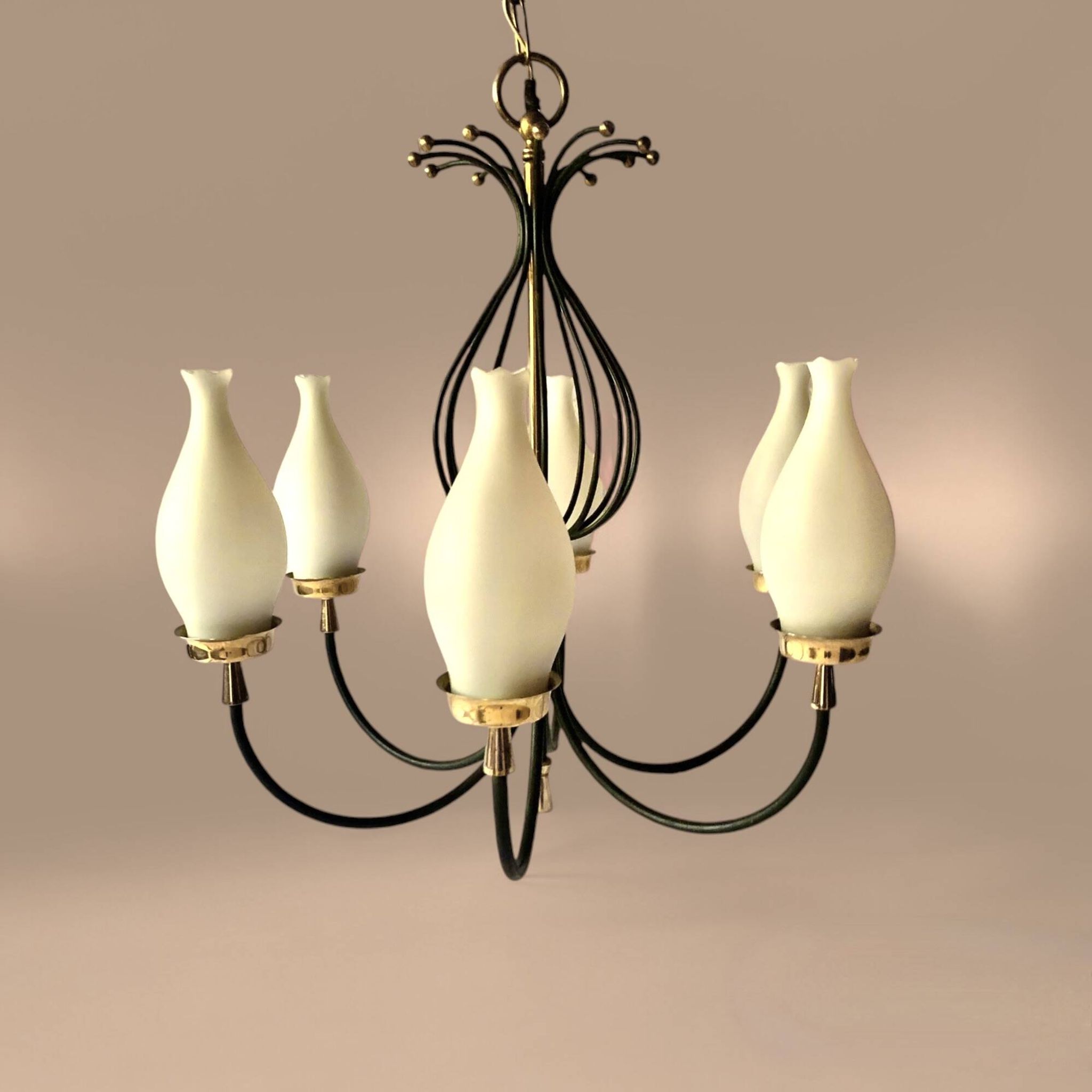 Lustre 6 feux vintage en métal noir et laiton