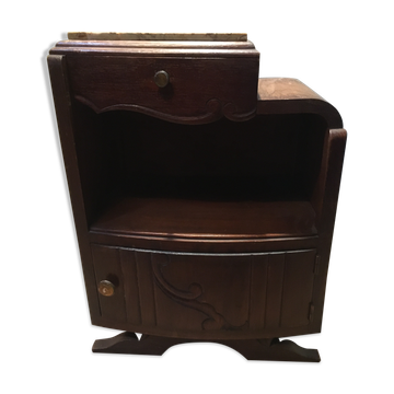 Solid oak bedside table with beige marble.