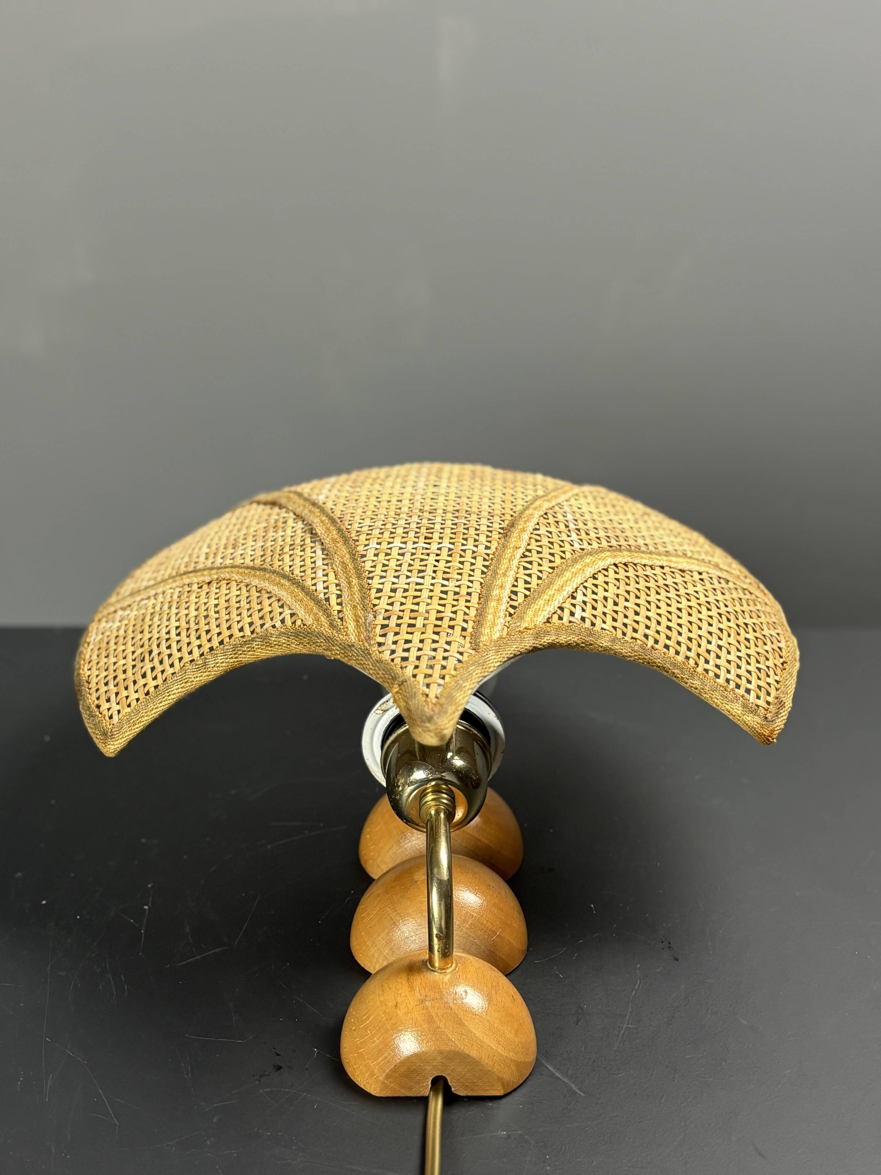 Pair midcentury Italian rattan wicker pine brass scallop wall sconces 1970s