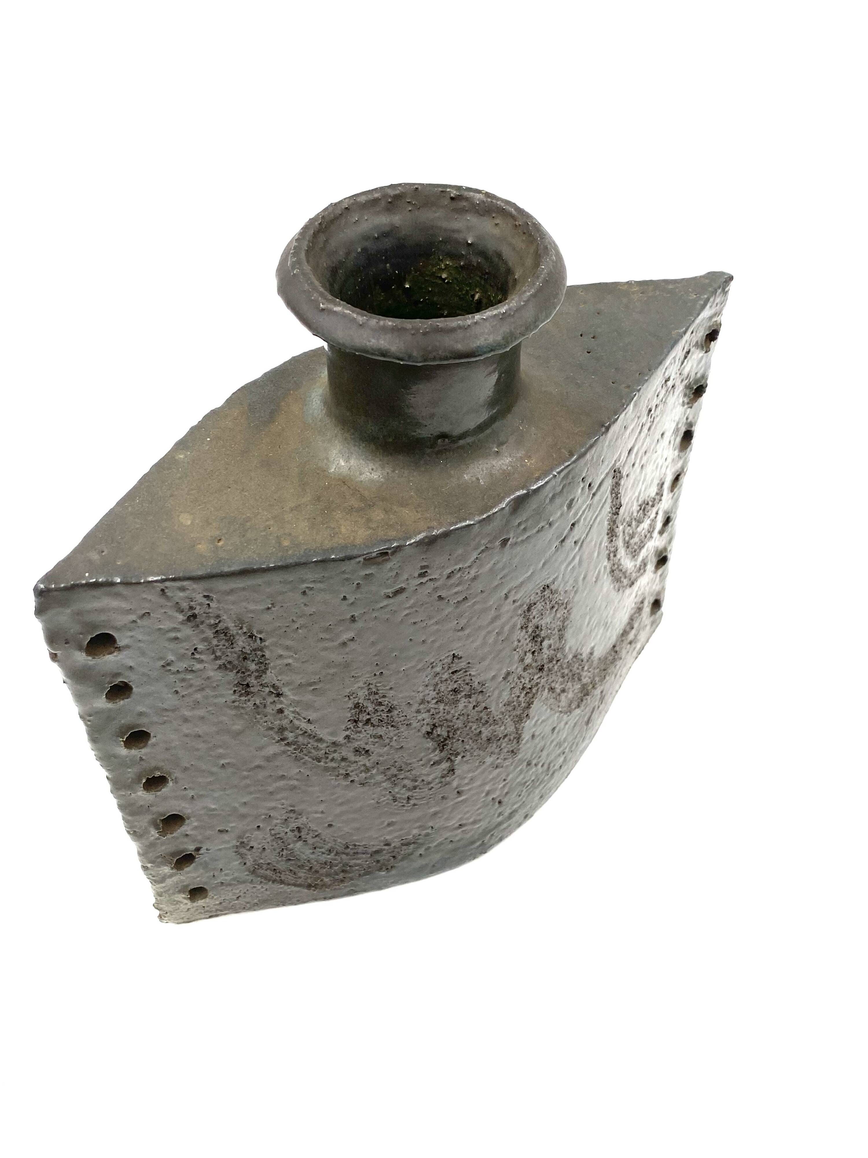 Dark green brutalist ceramic vase, Italy 1980s