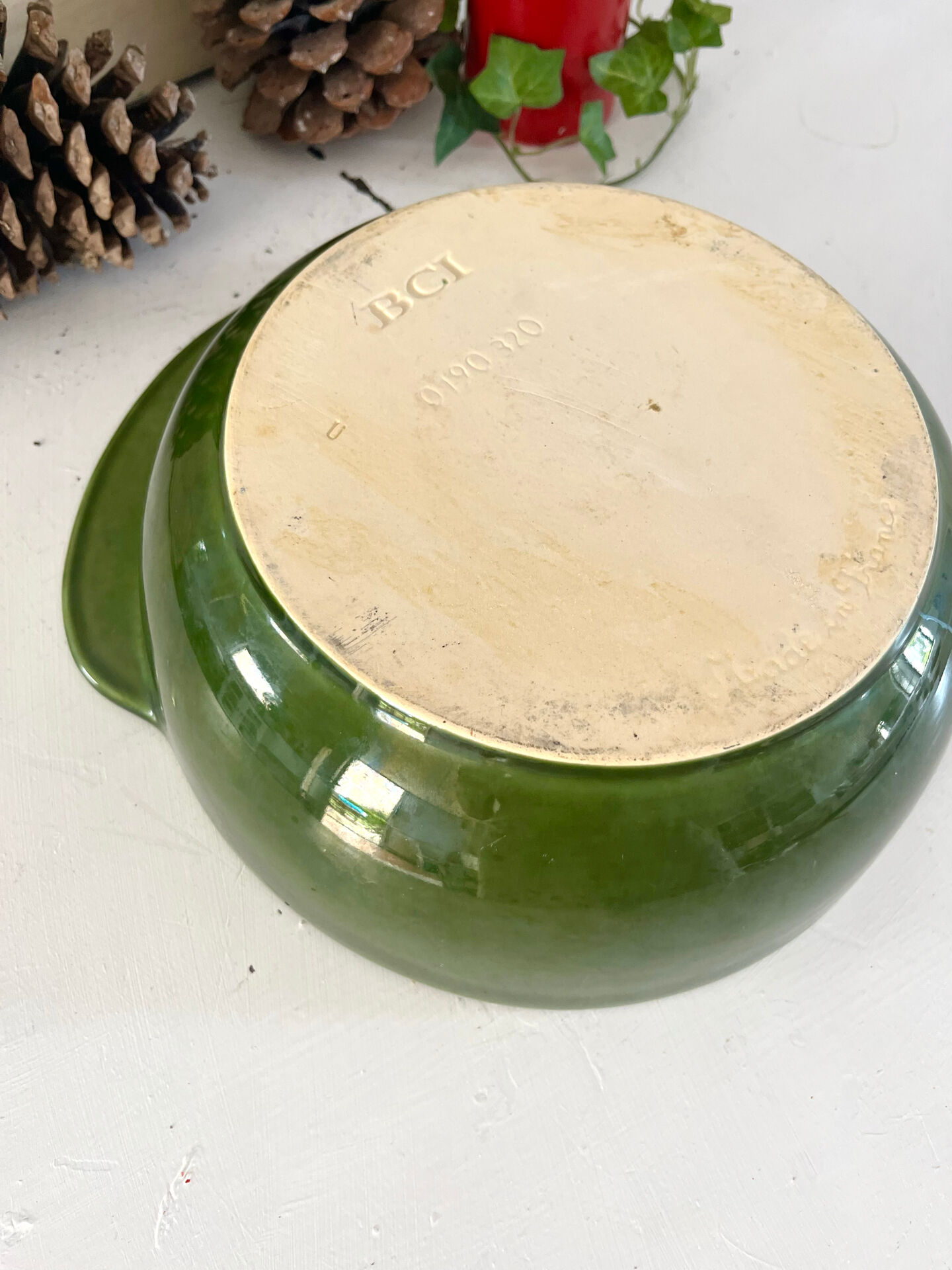 Christmas serving bowl, French BCI holly ceramic bowl, green glazed