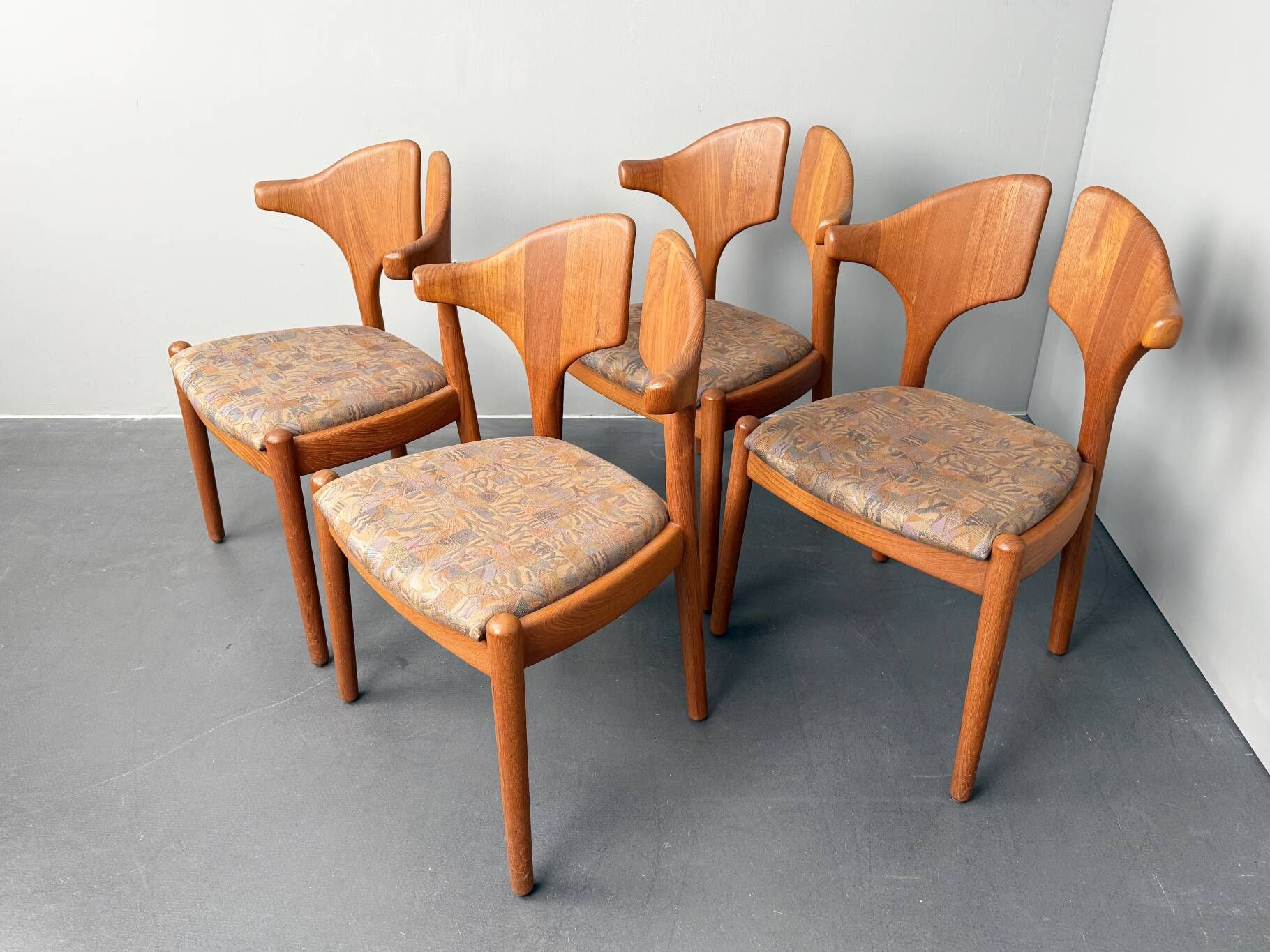 Set of 4 organic dining chairs, solid teak wood by Kai Kristiansen for Schou Andersen, Denmark, 1970s