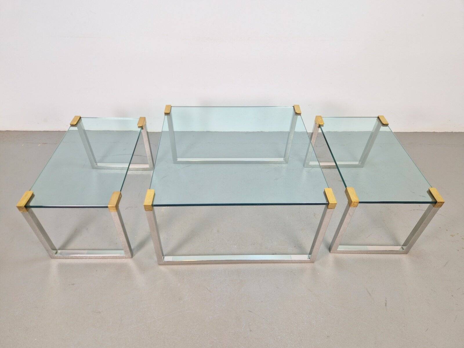 T53 Coffee and Side Tables in Brass and Glass by Peter Ghyczy, 1970s, Set of 3