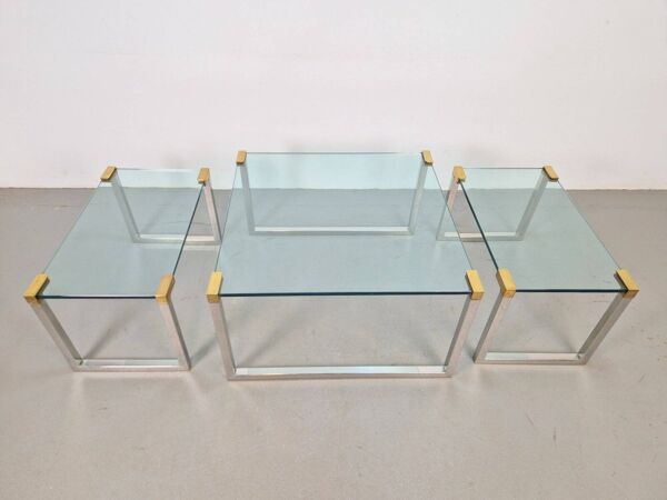 Tables de café et d'appoint T53 en laiton et verre par Peter Ghyczy, années 1970, ensemble de 3.