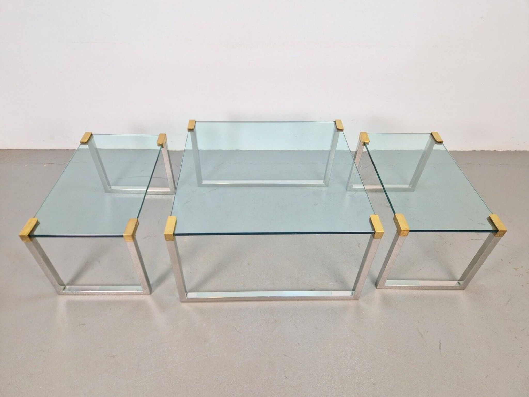 T53 Coffee and Side Tables in Brass and Glass by Peter Ghyczy, 1970s, Set of 3
