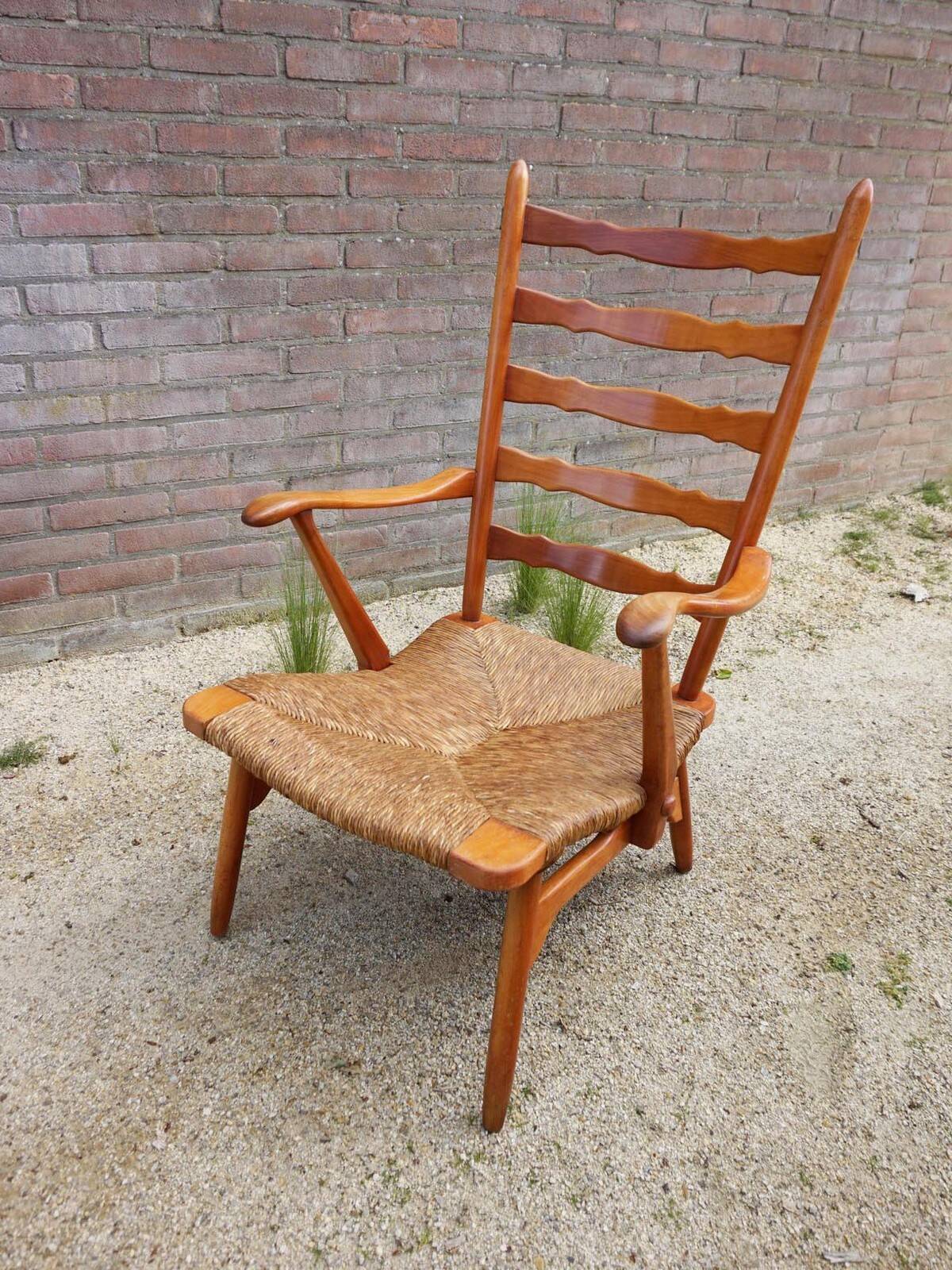 Fauteuil à dossier haut en osier des années 50 néerlandais par De Ster Gelderland