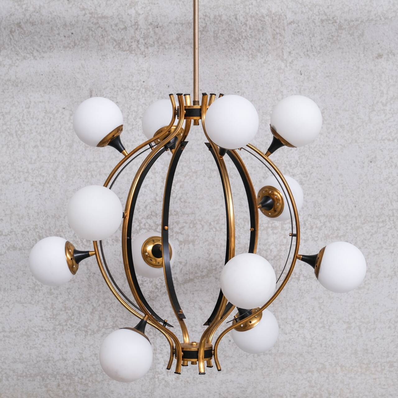 Stilnovo Mid-Century Italian Brass and Opaline Globe Chandelier