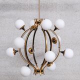 Stilnovo Mid-Century Italian Brass and Opaline Globe Chandelier